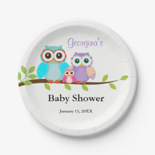 Cute Uil Familie Meisje Baby Shower Papieren Borde Bordje