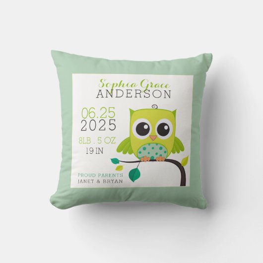 Cute Uil Geboorte Statistieken Aandenken Baby Kame Kussen (Voorkant)