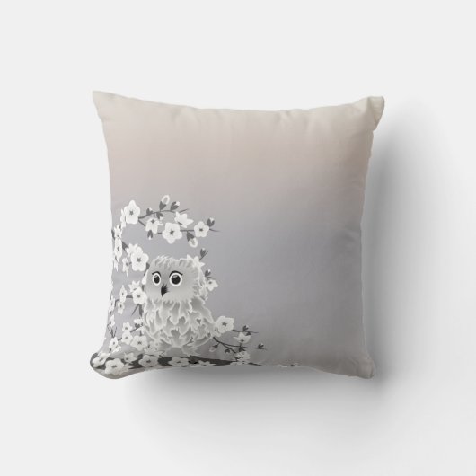 Cute Uil Kersenbloesem Beige Taupe Wit Kussen (Voorkant)