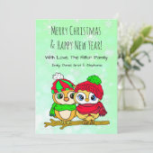 Cute Uil Koppel op Boomtak Kerstmis Feestdagenkaart (Staand voorkant)
