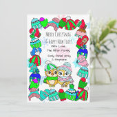 Cute Uil Koppel op Boomtak Kerstmis Feestdagenkaart (Staand voorkant)