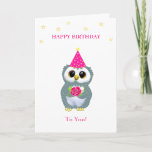 Cute uil met bloem & verjaardagswensen op wit kaart