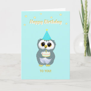 Cute Uil met verjaardagstaart en sterren op Teal Kaart