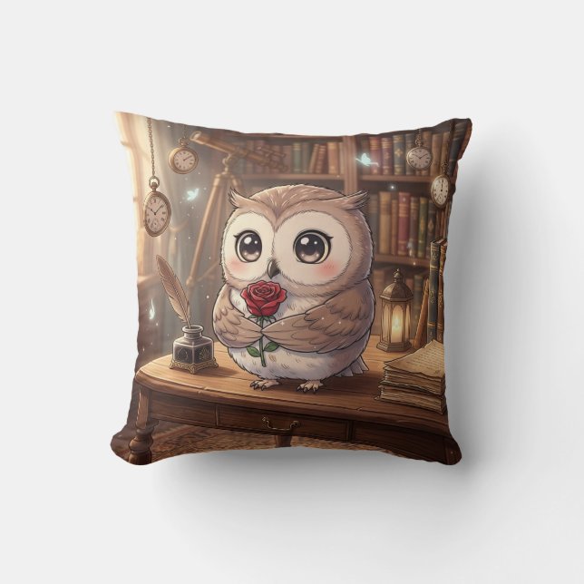 Cute Uil Roos Bibliotheek Kussen (Voorkant)