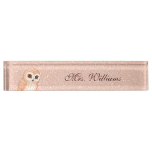 Cute Uil Roze Goud Glitter Leraar Naambordje
