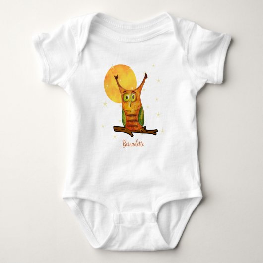 Cute Uil Waterverf Stijl Naam Geboortedatum op Ach Romper (Voorkant)