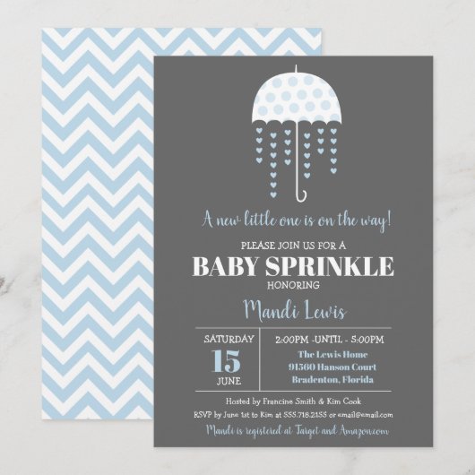 Cute Umbrella Blue Baby Sprinkle of Baby shower Kaart (Voorkant / Achterkant)