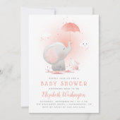 Cute Umbrella Elephant & Bunny Girl Baby shower Kaart (Voorkant)