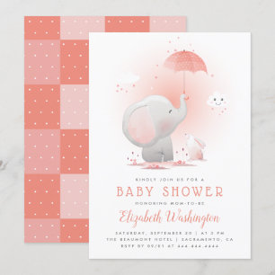 Cute Umbrella Elephant & Bunny Girl Baby shower Kaart