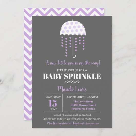 Cute Umbrella Lavender Sprinkle of Baby shower Kaart (Voorkant / Achterkant)