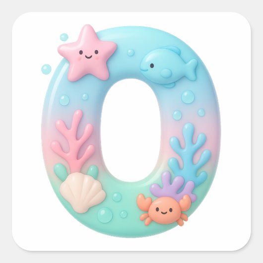 Cute Under The Sea Theme Cartoon Number 0 Vierkante Sticker (Voorkant)