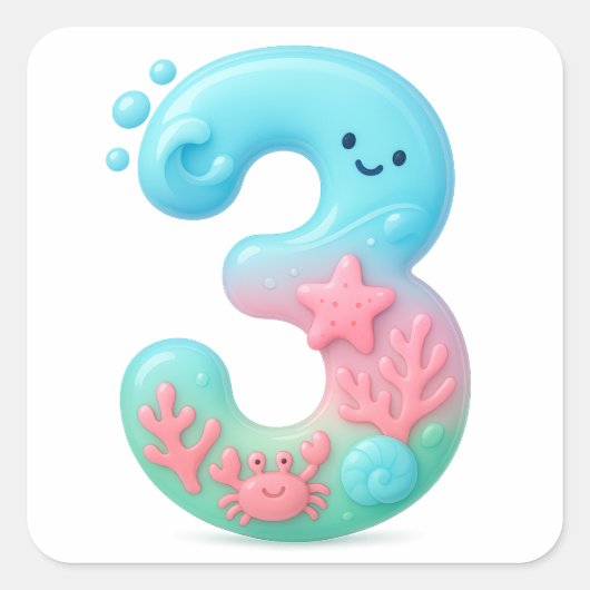 Cute Under The Sea Theme Cartoon Number 3 Vierkante Sticker (Voorkant)