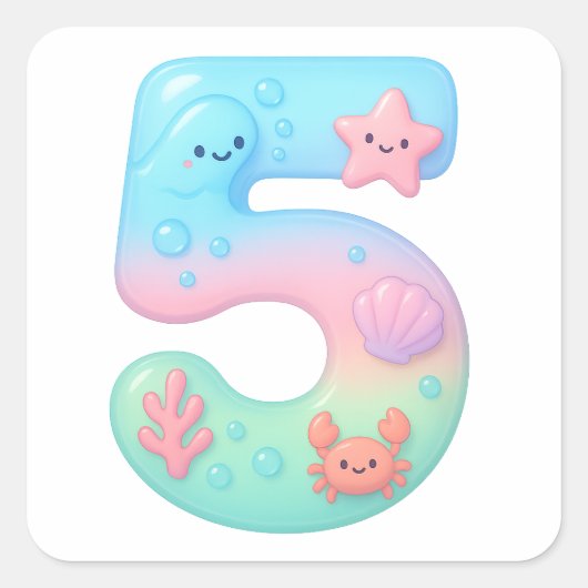 Cute Under The Sea Theme Cartoon Number 5 Vierkante Sticker (Voorkant)
