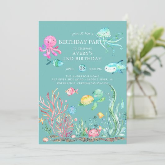 Cute under the Zee Birthday Invitation Kaart (Staand voorkant)