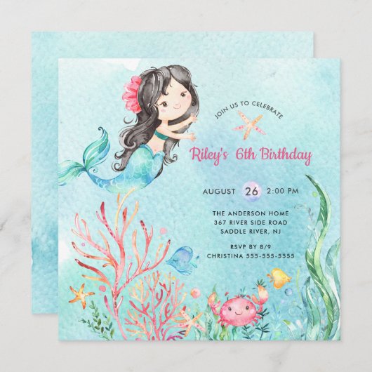 Cute under the Zee Mermaid Birthday Invitation Kaart (Voorkant / Achterkant)