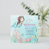 Cute under the Zee Mermaid Birthday Invitation Kaart (Staand voorkant)