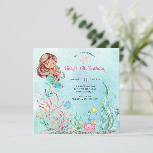Cute under the Zee Mermaid Birthday Invitation Kaart (Staand voorkant)