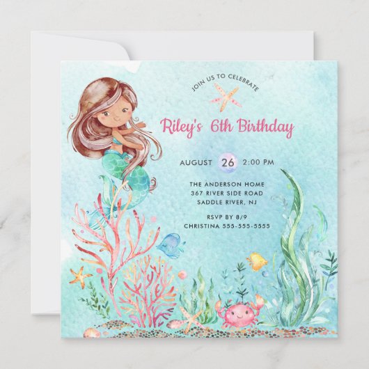 Cute under the Zee Mermaid Birthday Invitation Kaart (Voorkant)