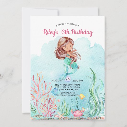 Cute under the Zee Mermaid Birthday Invitation Kaart (Voorkant)