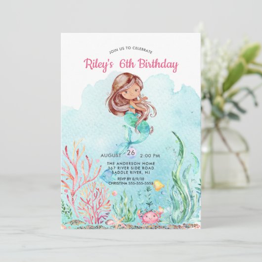 Cute under the Zee Mermaid Birthday Invitation Kaart (Staand voorkant)