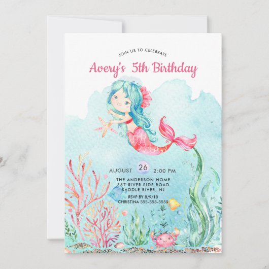 Cute under the Zee Mermaid Birthday Invitation Kaart (Voorkant)