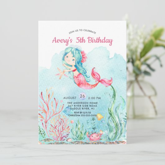 Cute under the Zee Mermaid Birthday Invitation Kaart (Staand voorkant)