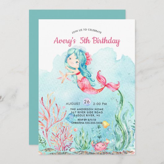 Cute under the Zee Mermaid Birthday Invitation Kaart (Voorkant / Achterkant)