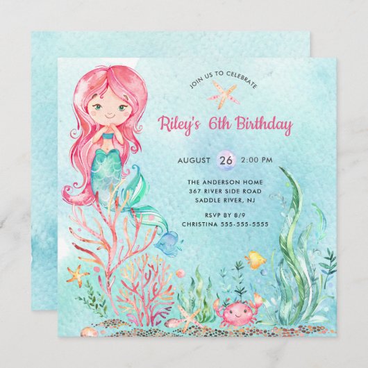 Cute under the Zee Mermaid Birthday Invitation Kaart (Voorkant / Achterkant)