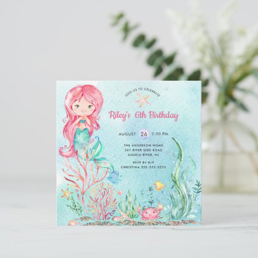 Cute under the Zee Mermaid Birthday Invitation Kaart (Staand voorkant)