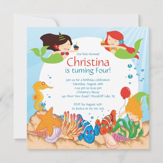 Cute under the Zee Mermaid Birthday Invitation Kaart (Voorkant)