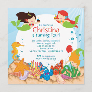 Cute under the Zee Mermaid Birthday Invitation Kaart