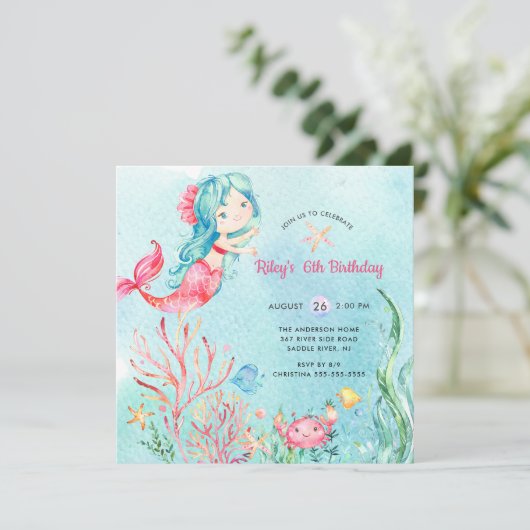 Cute under the Zee Mermaid Birthday Invitation Kaart (Staand voorkant)