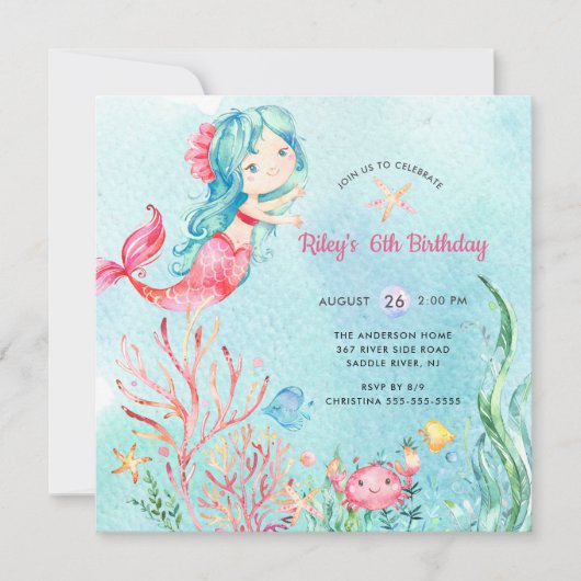 Cute under the Zee Mermaid Birthday Invitation Kaart (Voorkant)