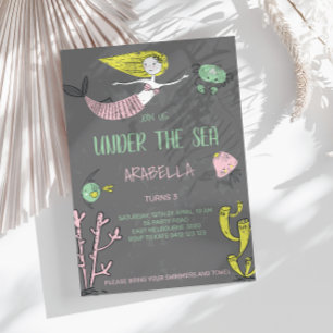 Cute under the Zee Mermaid Birthday Invitation Kaart