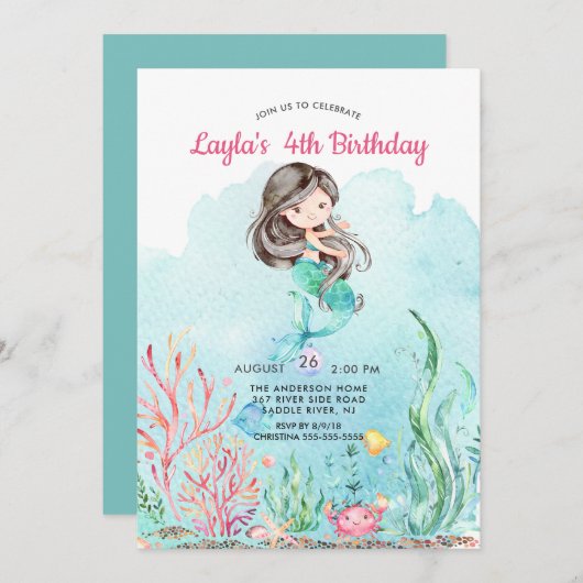 Cute under the Zee Mermaid Birthday Invitation Kaart (Voorkant / Achterkant)