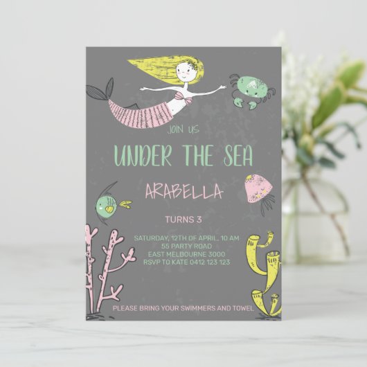 Cute under the Zee Mermaid Birthday Invitation Kaart (Staand voorkant)