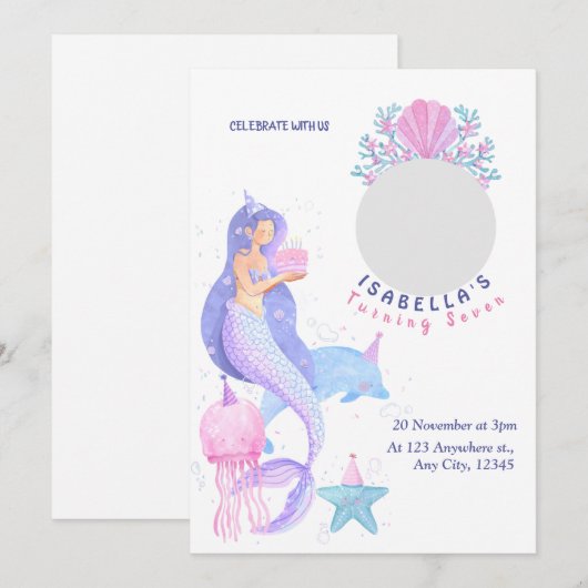 Cute under the Zee Mermaid Birthday Invitation Kaart (Voorkant / Achterkant)