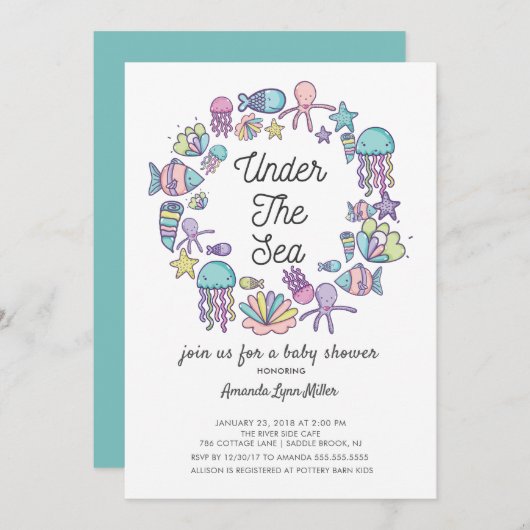 Cute under the Zee Ocean Baby shower Invitation Kaart (Voorkant / Achterkant)