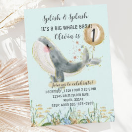 Cute under the Zee Whale 1st Birthday Invitation Kaart