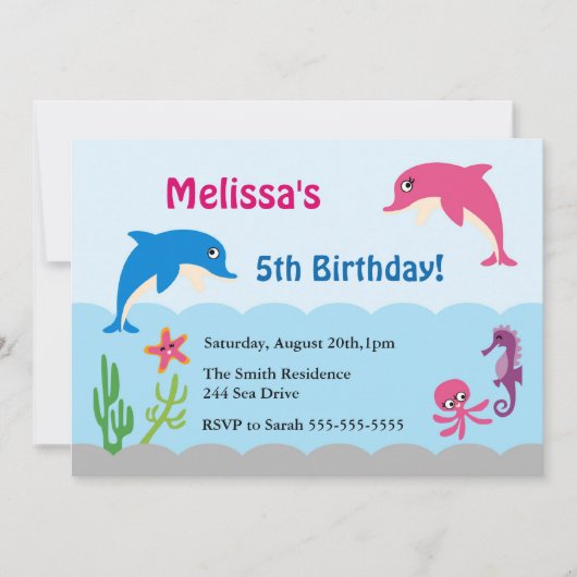 Cute under Zee Dolphin Birthday Party Invite Kaart (Voorkant)