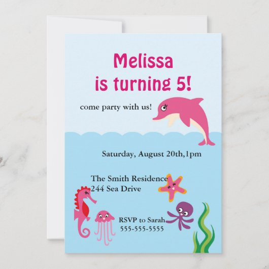 Cute under Zee Dolphin Birthday Party Invite Kaart (Voorkant)