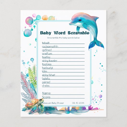 Cute Underwater Baby shower Word Scramble Game (Voorkant)