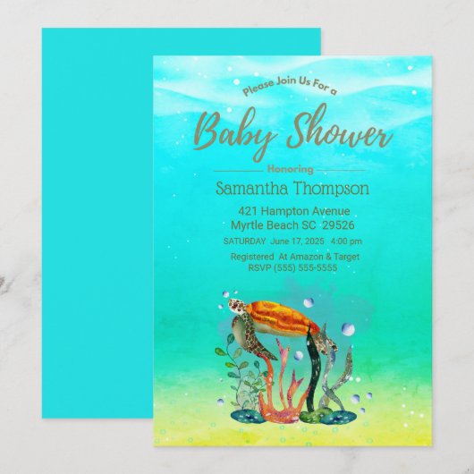 Cute underwater Zee Turtle Baby shower Invitation Kaart (Voorkant / Achterkant)