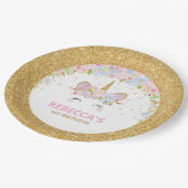 Cute Unicorn 1e verjaardag Floral Gold Glitter Papieren Bordje (Gekanteld)