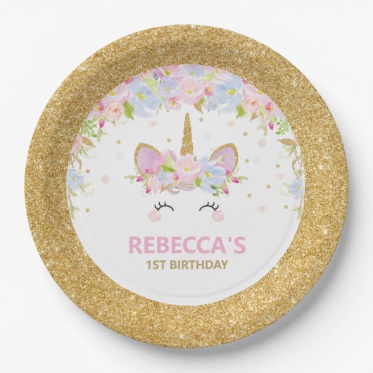 Cute Unicorn 1e verjaardag Floral Gold Glitter Papieren Bordje (Voorkant)