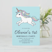 Cute Unicorn 1st Birthday Party Invitation Kaart (Staand voorkant)