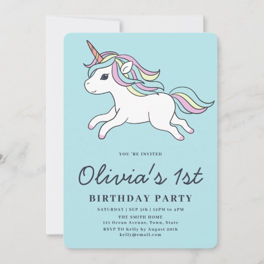 Cute Unicorn 1st Birthday Party Invitation Kaart (Voorkant)