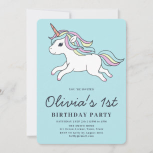 Cute Unicorn 1st Birthday Party Invitation Kaart