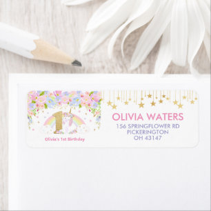 Cute Unicorn 1st Birthday Party Return Address Etiket
