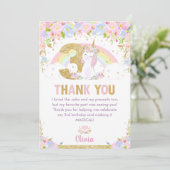 Cute Unicorn 3rd Birthday Rainbow Floral Hartelijk Bedankkaart (Staand voorkant)